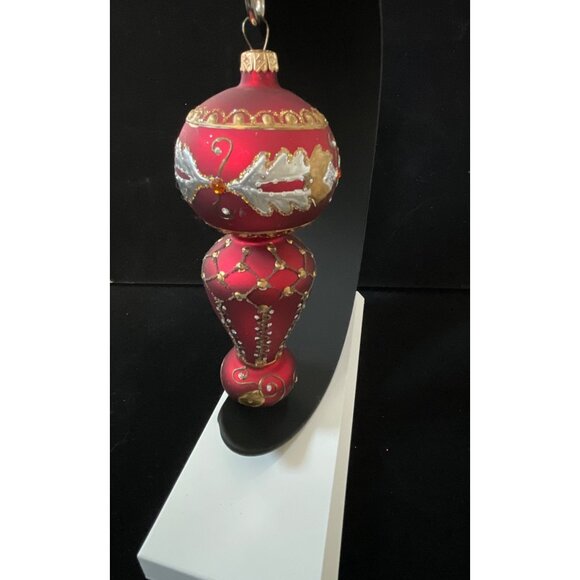 VTG Finial Victorian Blown Glass Gold Embossed Jeweled Red Christmas Ornament 7" - Picture 1 of 5